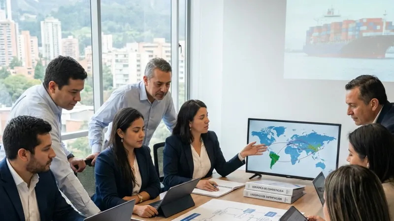 Equipo de trabajo señala un mapamundi en pantalla, con un buque portacontenedores proyectado y carpetas de logística de exportación sobre la mesa